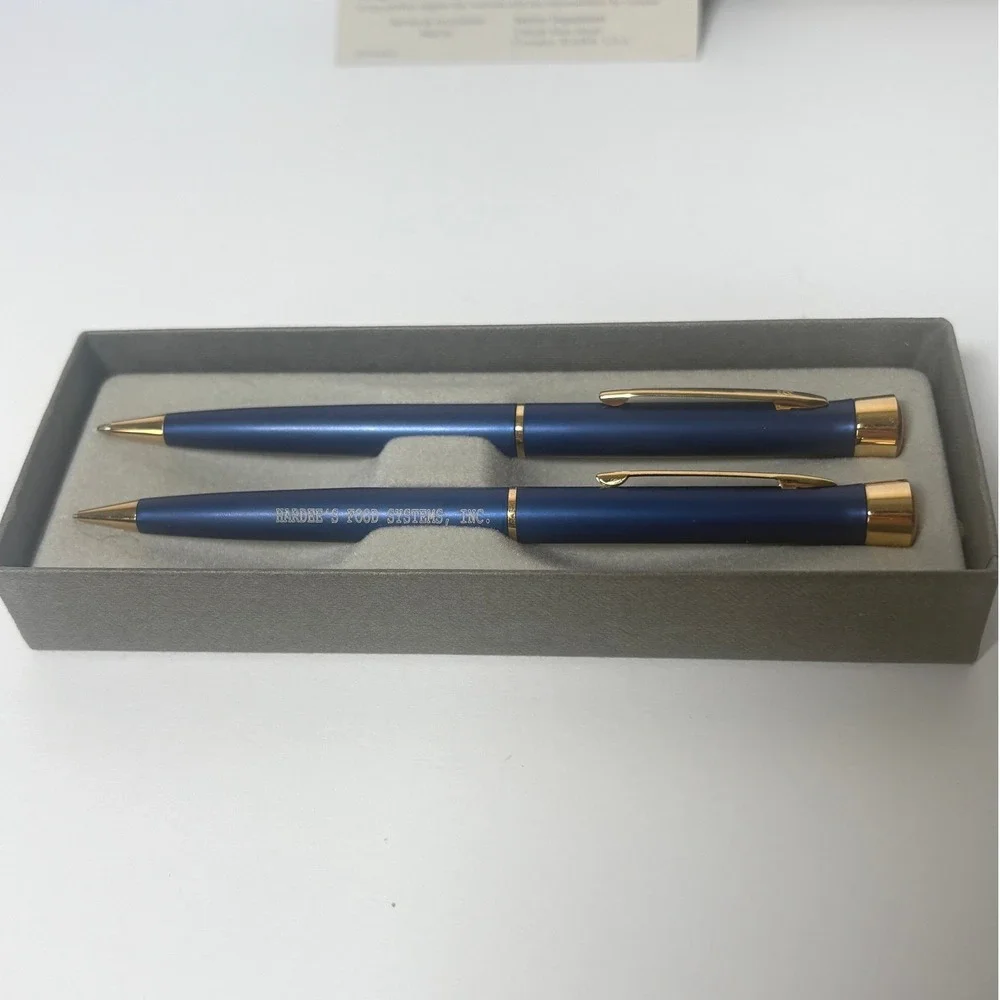Vntg Garland Pen and Pencil Set Hardee's Food Systems Blue Gold Vintage Gift Box